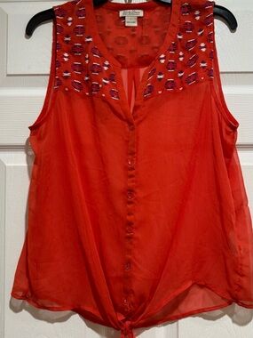 Lucky Brand Woman Red Sleeveless Embroidered Tie-Hem Camisole Size Large